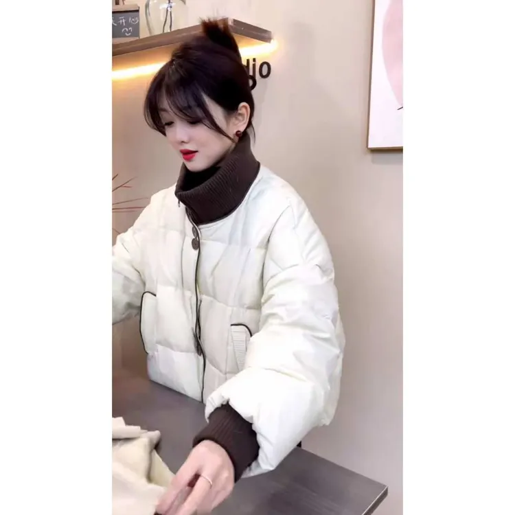 欧货立领针织拼接设计感轻薄棉衣外套女2025冬季新款短款保暖棉服