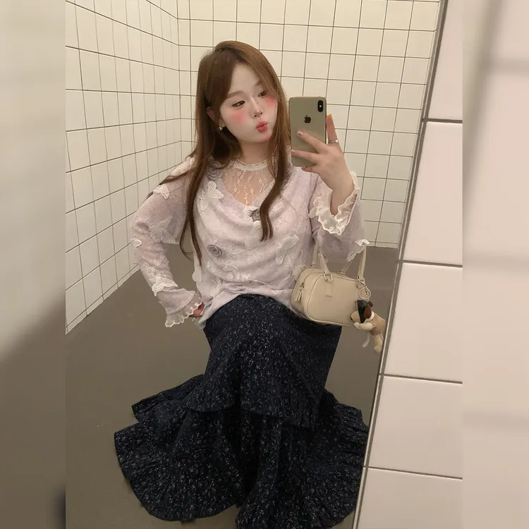 徐达布【柔光漫纱】网纱针织衫女秋季镂空长袖上衣X38048C53