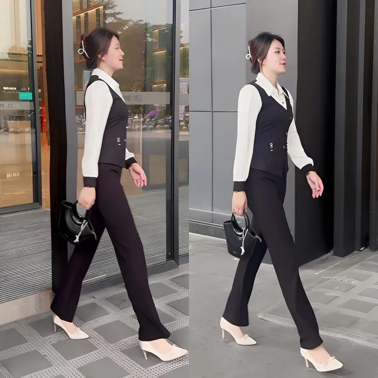 百花果【防褪色】2026春季新款黑白拼接时尚气质显瘦两件套大码套装