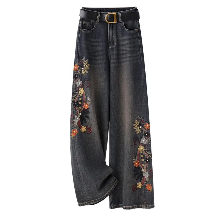 刺绣阔腿牛仔裤女2025新款秋季梨形身材裤子宽松高腰窄版直筒长裤