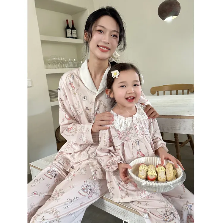 蕾蒂巴蒂莫代尔长袖花边家居服套装宝宝夏季薄款亲子母女婴儿卡通