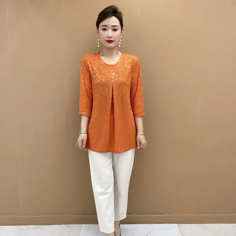 时尚大码妈妈装春夏新款加大加肥气质宽松显瘦A版七分袖中年女装