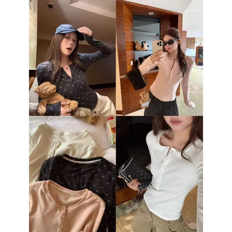 【云感甜豆】休闲风亨利领修身打底衫长袖针织上衣23075#