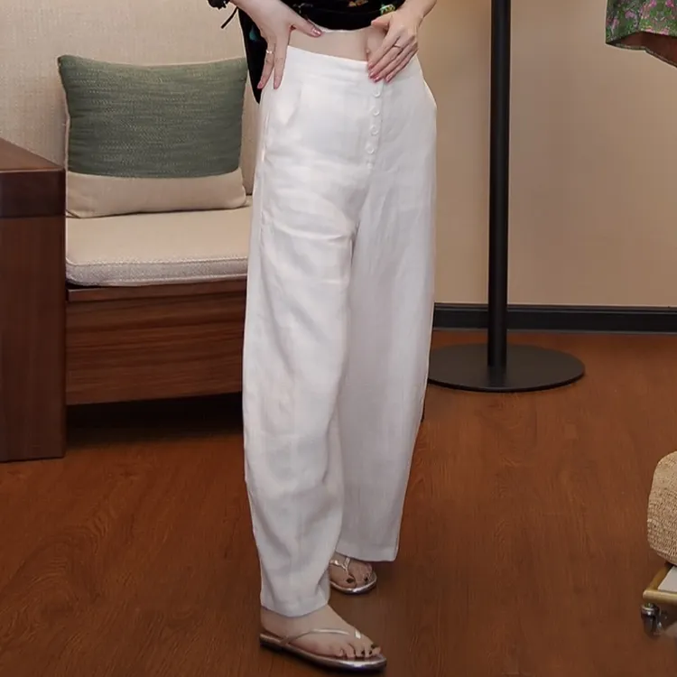 2025年夏季新款韩版高腰纽扣设计感休闲裤女时尚减龄通勤显瘦长裤