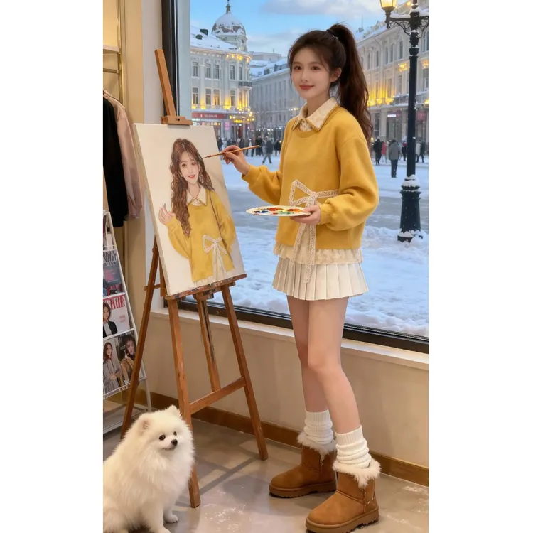 休闲风蕾丝装饰卫衣质感冬假两件翻领柔糯质感冬日内搭外穿层次