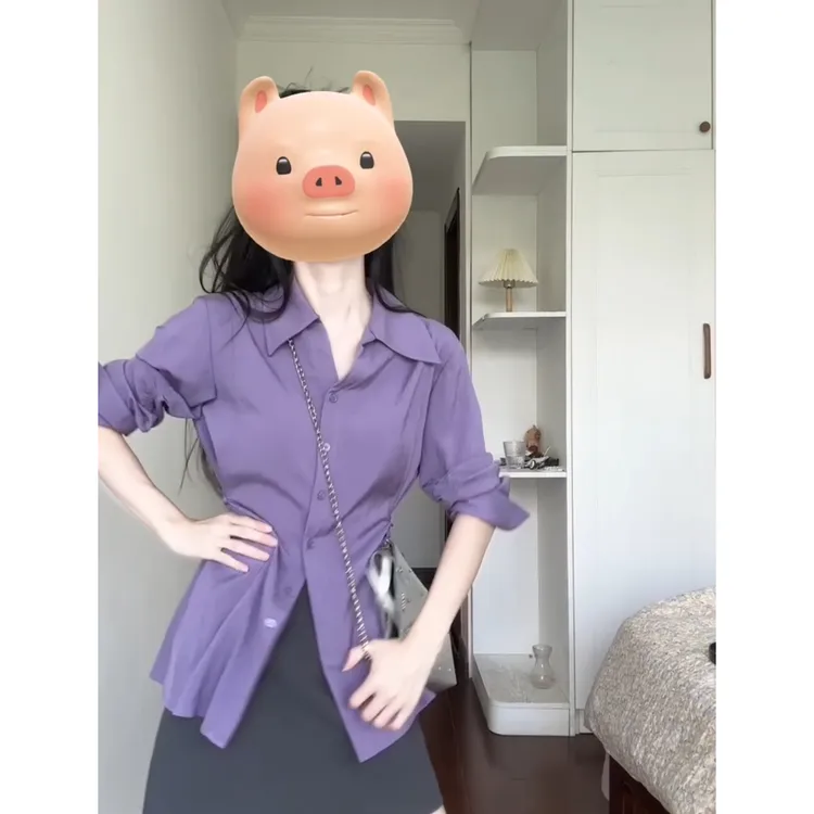 法式紫色收腰衬衫女秋季新款设计感小众抽褶气质衬衣独特别致上衣