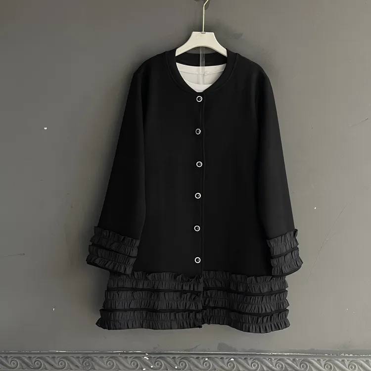 纯色木耳拼接女免烫薄款短外套短款针织秋季宽松黑色