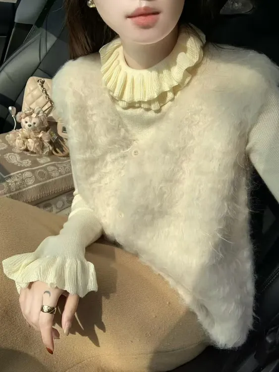 2026秋冬新款韩系insV领针织马甲木耳花边针织衫高腰半身裙三件套