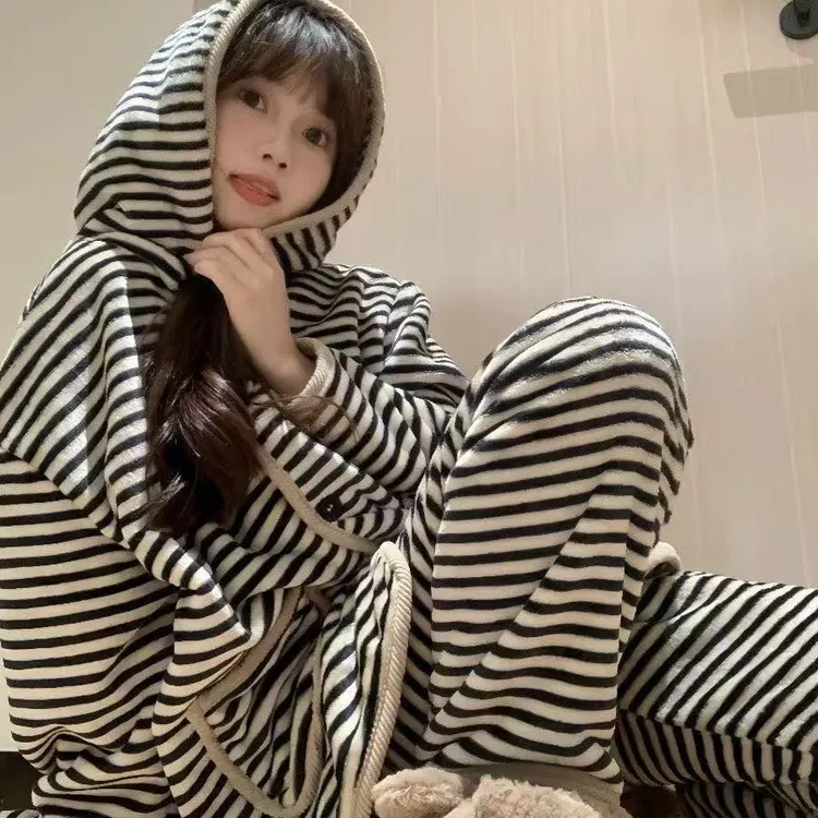 新款羊羔绒女款条纹冬季加绒加厚睡衣大码睡衣女款爆款2025新款