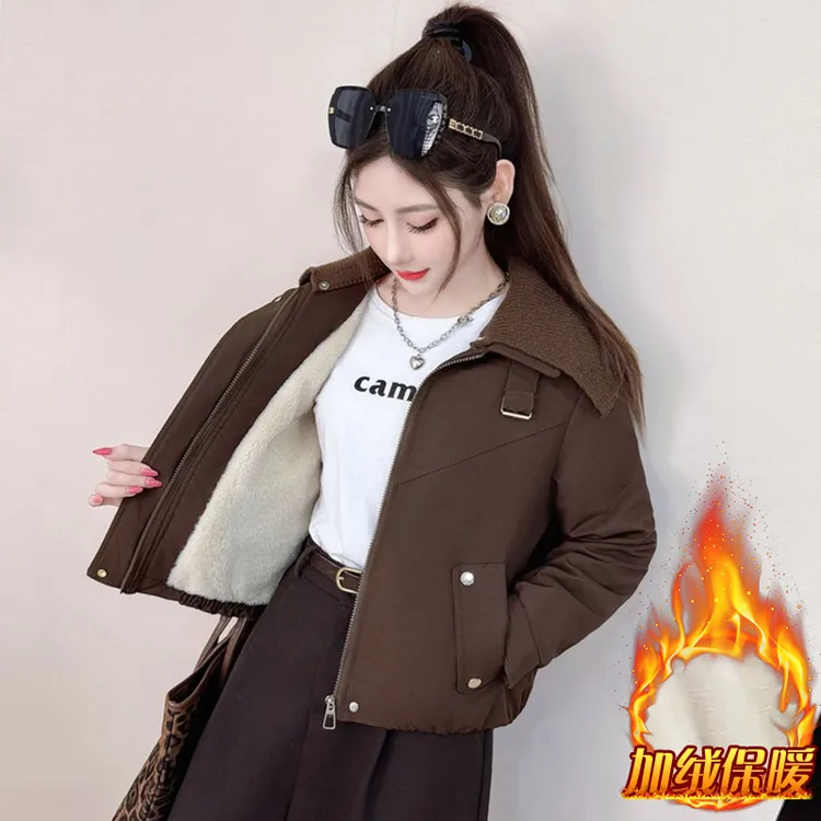 加绒复古时髦大翻领夹克短外套女2025年冬季新款休闲洋气保暖棉衣