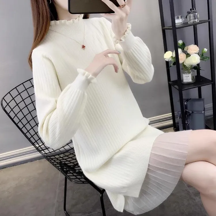 高品质衫秋冬宽松外穿毛衣女套头中长款韩版毛衣裙针织打底衫