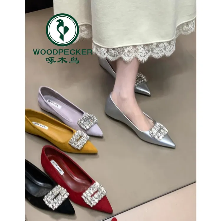 啄木鸟法式绝美内增高晚晚鞋浅口水钻方扣瓢鞋尖头气质通勤单鞋