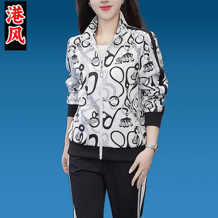 时尚运动套装女春秋季印花高端设计妈妈跑步服三件套好品质免搭配