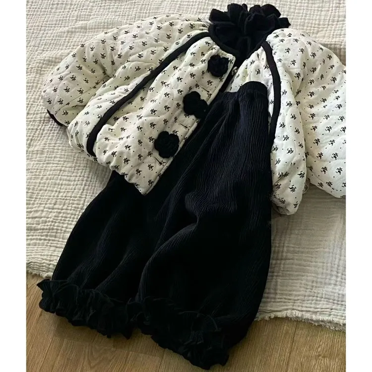 小黄鸭女童2025新款碎花保暖棉服冬季时尚新款加绒裤子女宝宝加绒