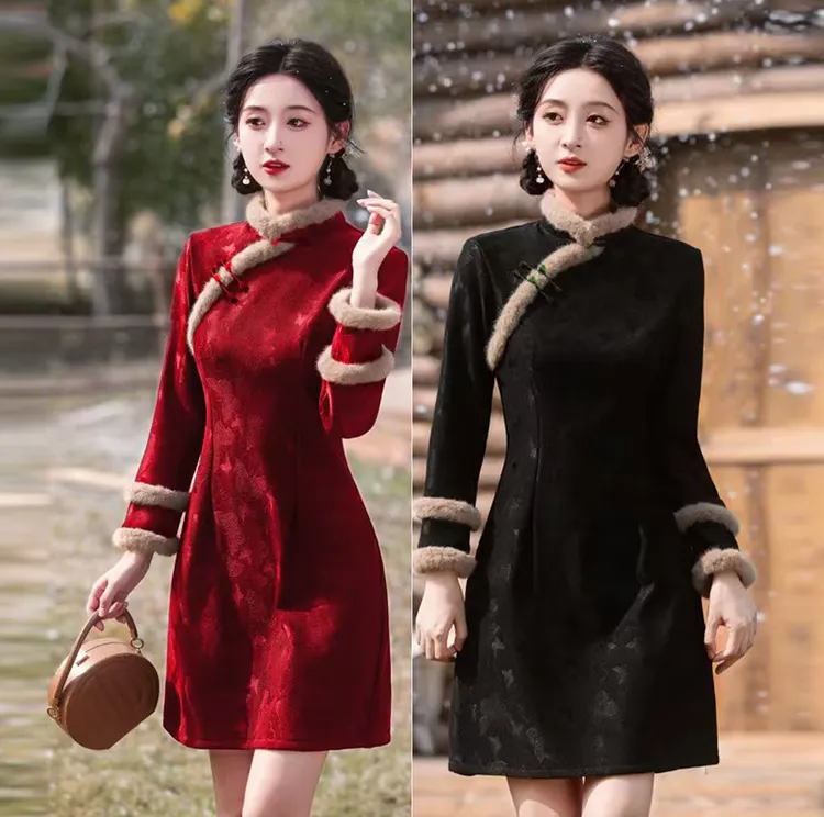 【双呢】冬季少女小个子款加绒保暖新中式旗袍显瘦休闲日常红色婚礼