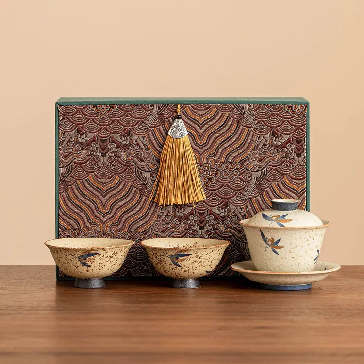 青花火石三才盖碗小套蝴蝶兰功夫茶具套装高档泡茶伴手礼