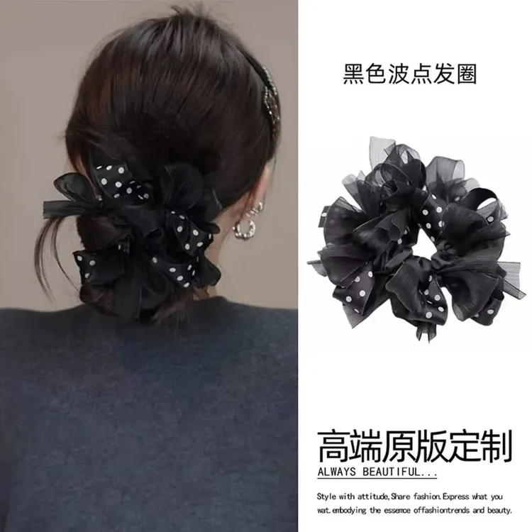 韩式赫本风气质黑色波点蝴蝶结大肠发圈
