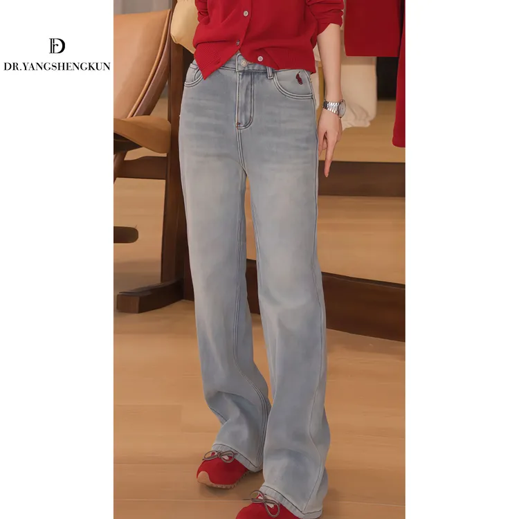 杨圣坤2025冬季新品小马刺绣水洗蓝百搭直筒加绒牛仔裤SL25120739