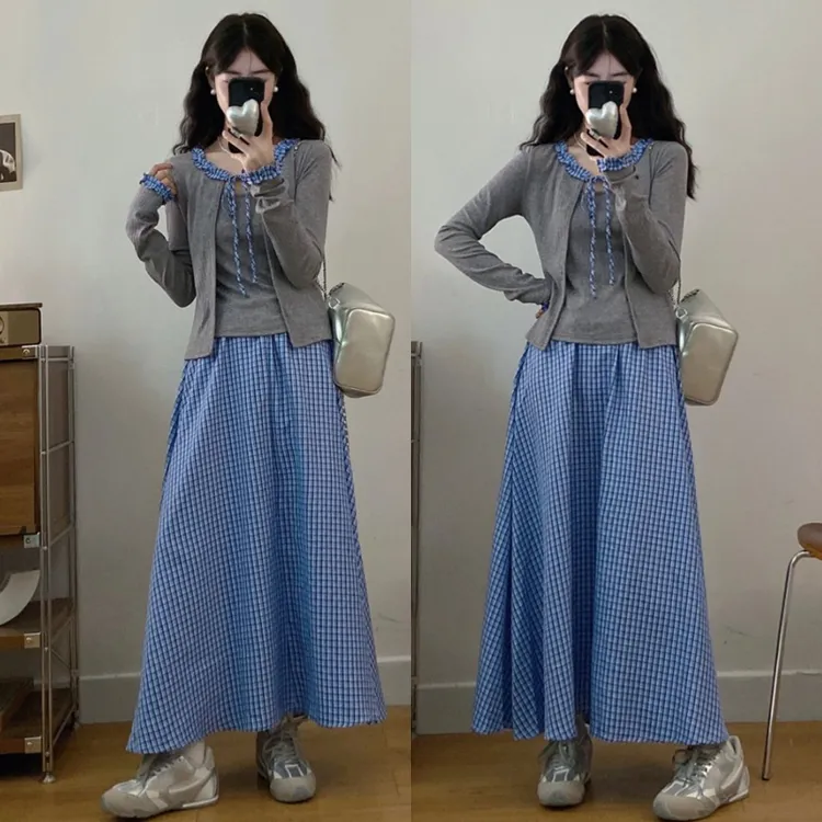 大码胖mm女装韩版针织拼接格子打底衫套装秋款百搭格子裙三件套女
