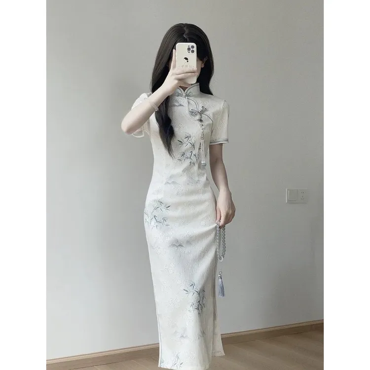 旗袍新中式长款夏季素雅清冷中国风山水画竹子修身收腰新款连衣裙