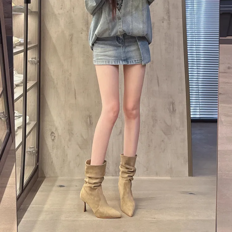 升级版~卡其色靴子女细跟2025新款尖头短靴高跟鞋显瘦中筒堆堆靴