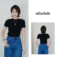 [alicelulu]纯色修身露肩镂空T恤圆领百搭显瘦透气S2144018E