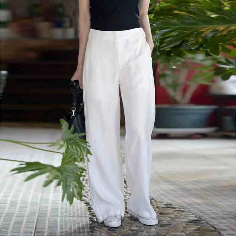 意大利100%亚麻阔腿裤女2025年春夏白色薄款透气高档棉麻女士裤子