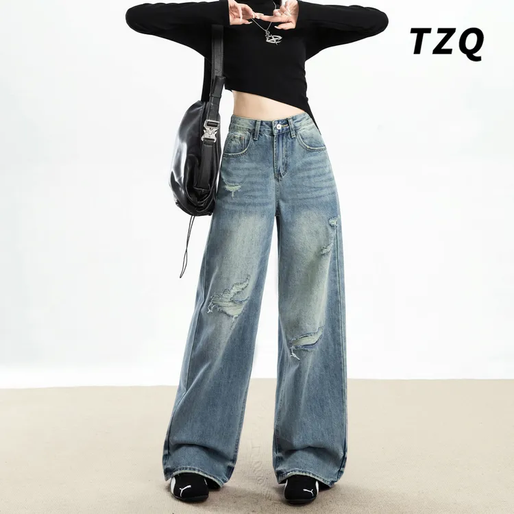 美式复古破洞牛仔裤女2025春秋新款宽松显瘦百搭阔腿裤TZQ2512016