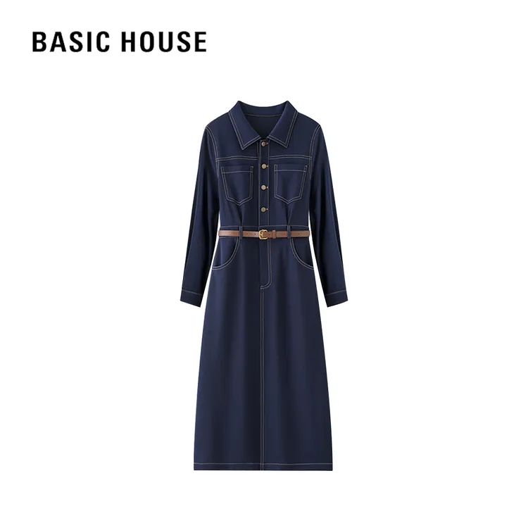 Basic House/百家好D女士蓝色轻奢时尚复古气质收腰长款连衣裙秋