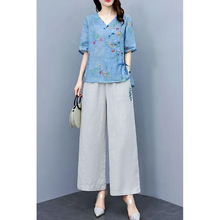 盘扣苎麻阔腿裤套装女夏季2025新款时尚休闲民族风妈妈棉麻两件套