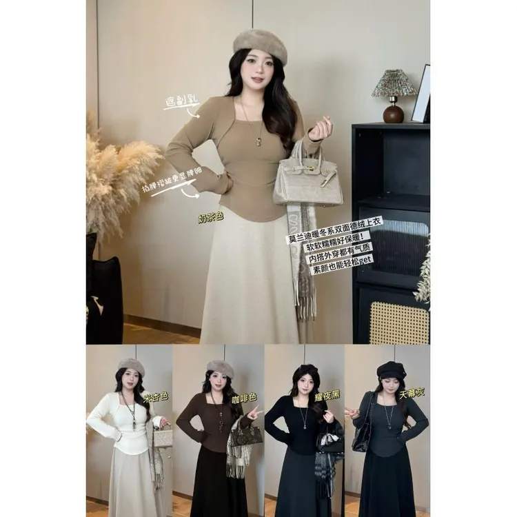 【小雨】胖mm秋冬方领长袖拼接打底内搭纯色掐腰显瘦百搭上衣 0981