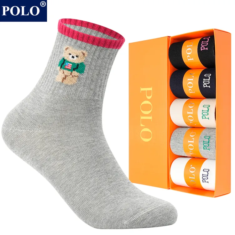 POLO女士纯棉中筒袜子防臭吸汗秋冬款保暖卡通可爱棉袜百搭礼盒装