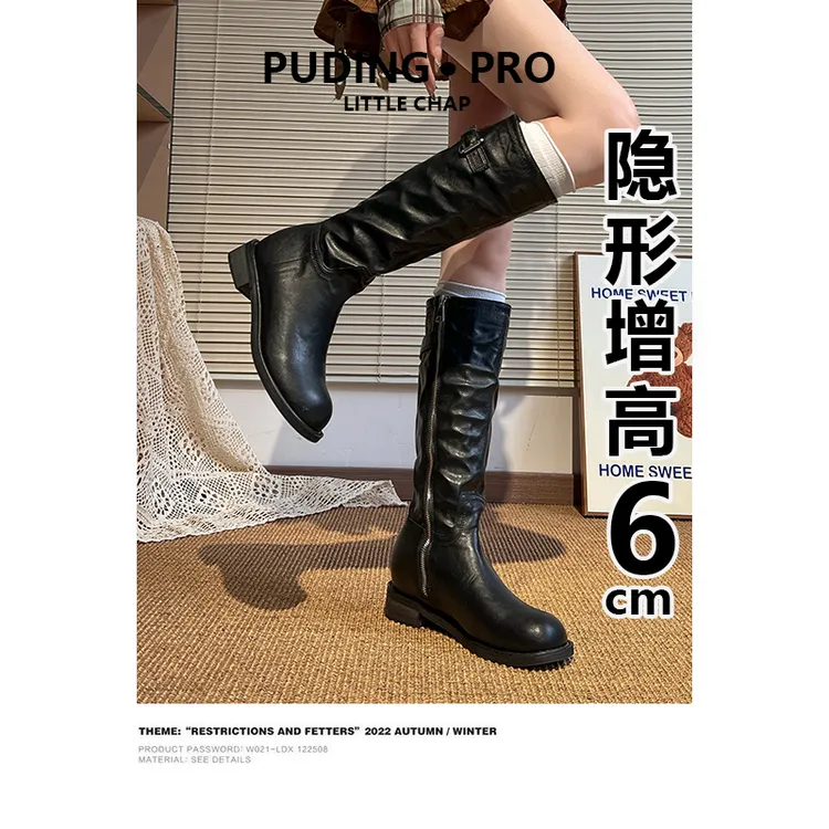 牛皮版~真皮复古厚底骑士靴女秋冬新款显瘦粗跟高筒靴女长筒靴子