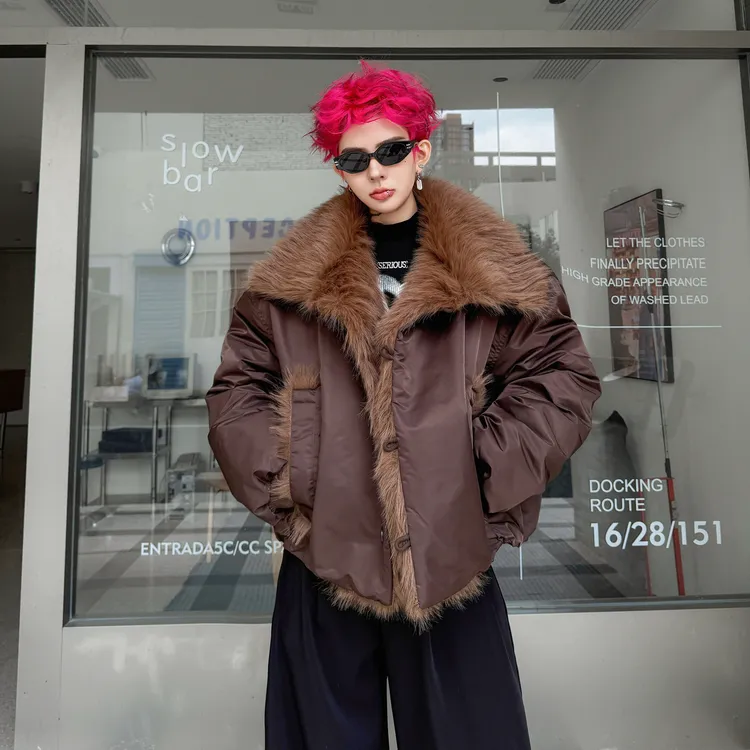 冬季美式复古座山雕毛领拼毛毛外套棉衣男设计感加厚保暖短款棉服