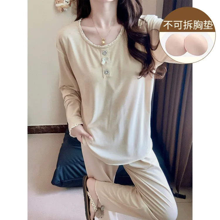 奶呼呼睡衣女春秋季带胸垫甜美风花边长袖秋冬天可外穿家居服套装
