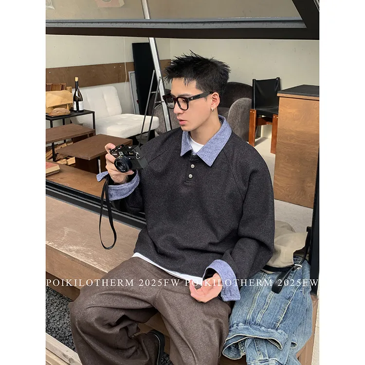 PLTH*美式假两件牛仔拼接加绒卫衣长袖男百搭高级感亨利领上衣潮