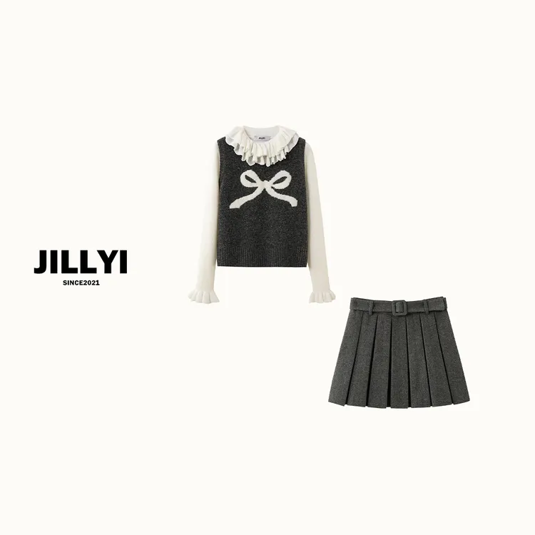 jillyi【复古小调三件套】灰色蝴蝶结背心+白色针织衫+灰色半裙套装