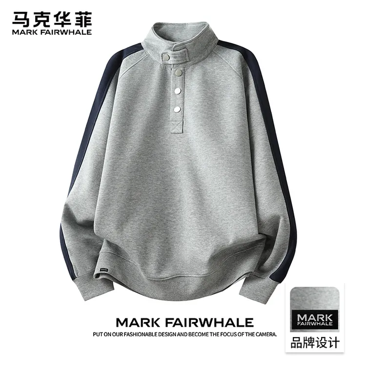 马克华菲春秋季美式复古灰色立领卫衣男日系潮牌宽松套头长袖上衣