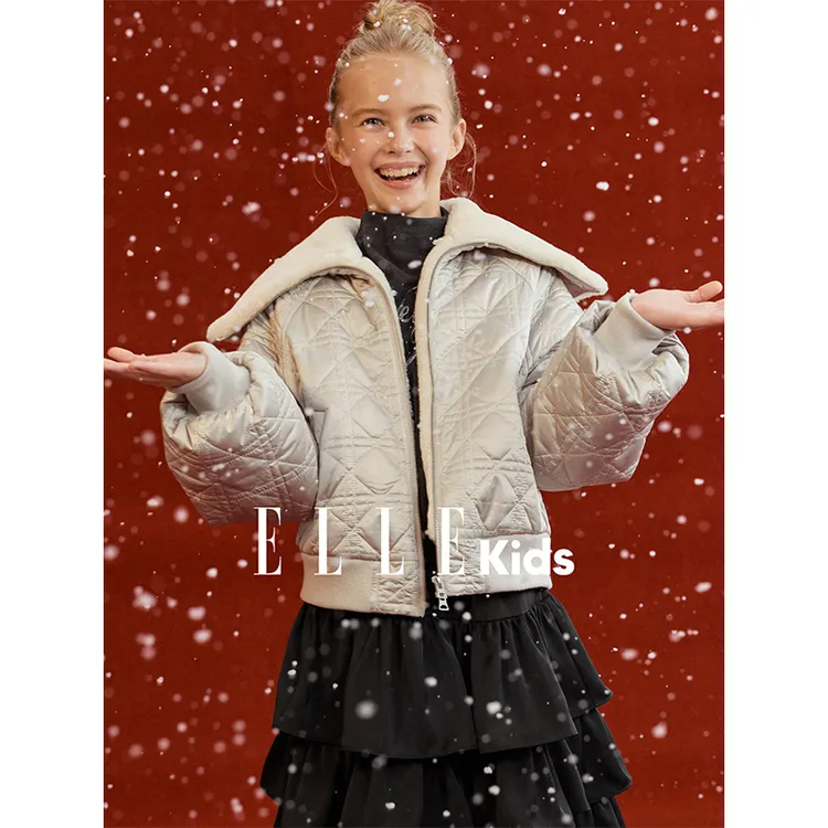 ELLE KIDS童装 大翻领菱格棉服外套冬季新款绗棉毛毛内里棉衣D6