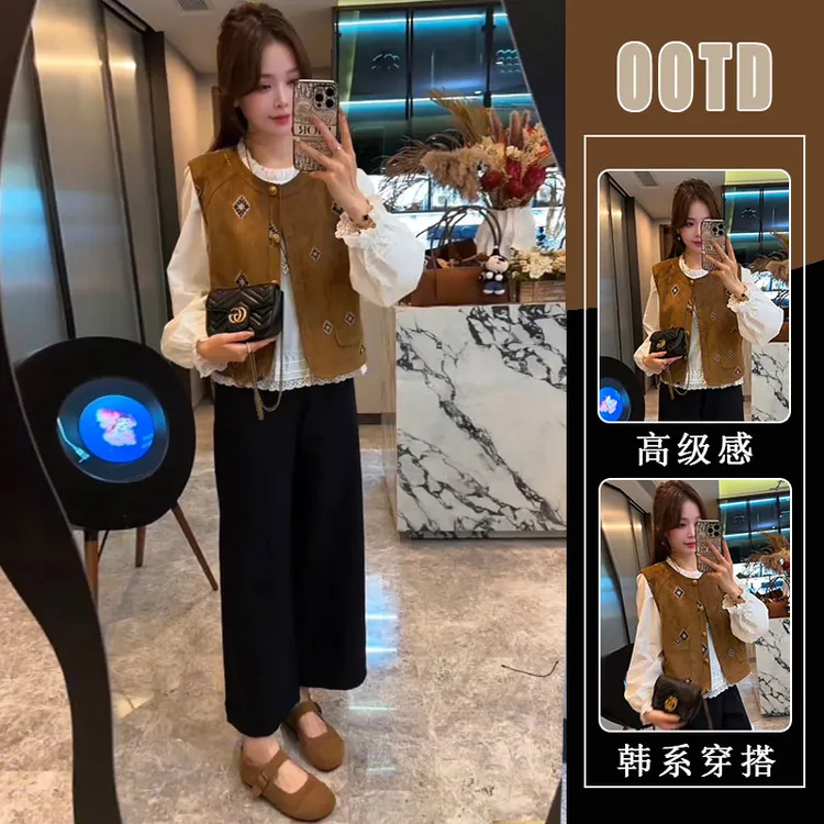 2025秋季新款薄款洋气时尚百搭马甲女+白色衬衫+黑色裤子三件套潮
