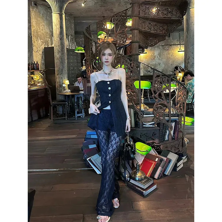 2025年夏季新款chic网红氛围感纯欲风吊带抹胸配性感蕾丝微透长裤