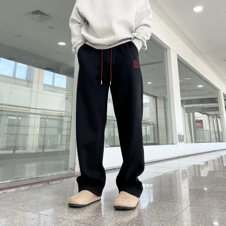 冬季新款刺绣松紧腰抽绳百搭休闲时尚宽松加绒加厚休闲裤直筒裤