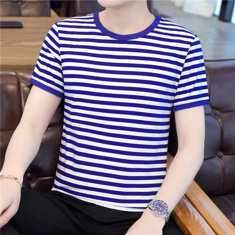 夏季短袖圆领T恤复古半袖男女打底港风班服怀旧水手服条纹6881