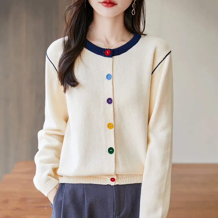 品牌时尚女装春秋季法式彩扣针织棉开衫拼接设计感上衣女厚款女士