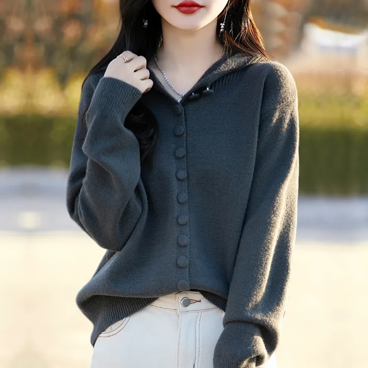 春秋大码连帽针织开衫女士宽松洋气短款上衣外穿显瘦纯色毛衣外套