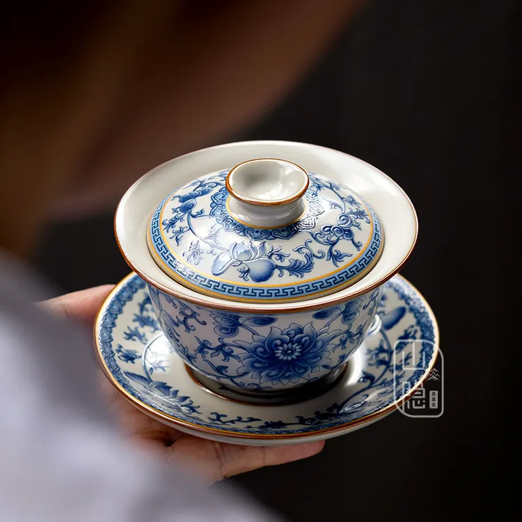 山隐趣事斋青花汝窑缠枝莲三才盖碗套装单个高档不烫手功夫泡茶碗