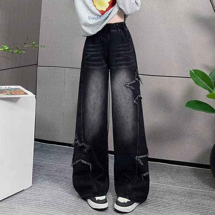 秋冬加绒胖mm大码松紧腰牛仔裤女高腰宽松无弹休闲百搭阔腿拖地裤