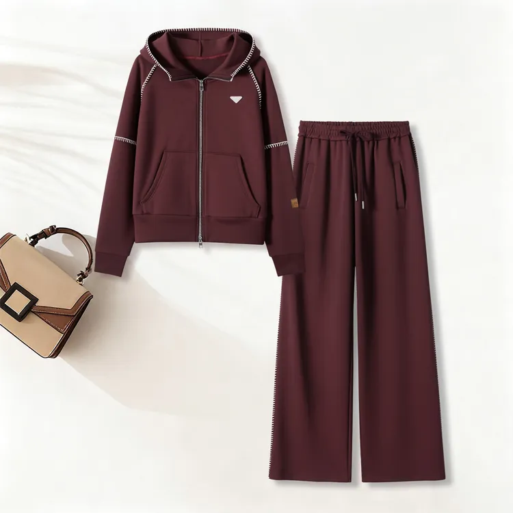 时尚休闲套装女2025秋冬季新款设计感连帽拉链上衣阔腿裤两件套女