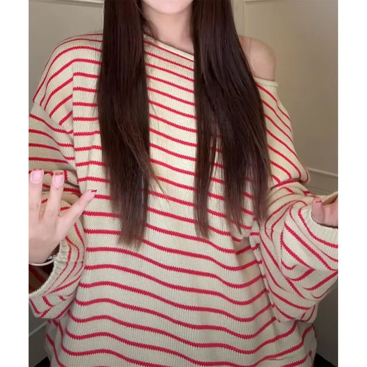 【甜莓条纹】韩系oversize撞色条纹一字领针织毛衣秋冬休闲宽松上衣