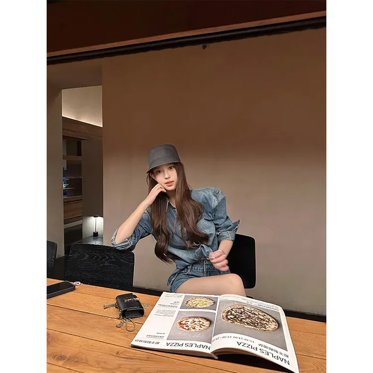 【巴黎腔调】高级感蓝色复古上衣水洗衬衫女2025夏春季牛仔短裤套装